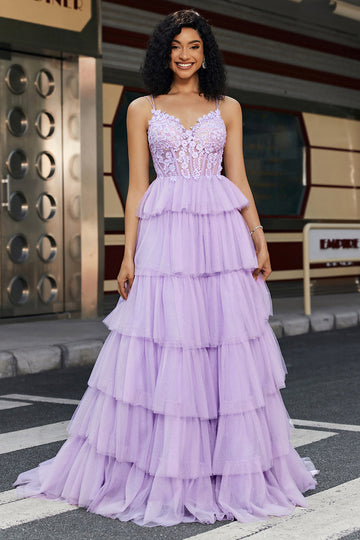 Princess A Line Spaghetti Straps Lilac Corsetto Prom Dress con appliques volant